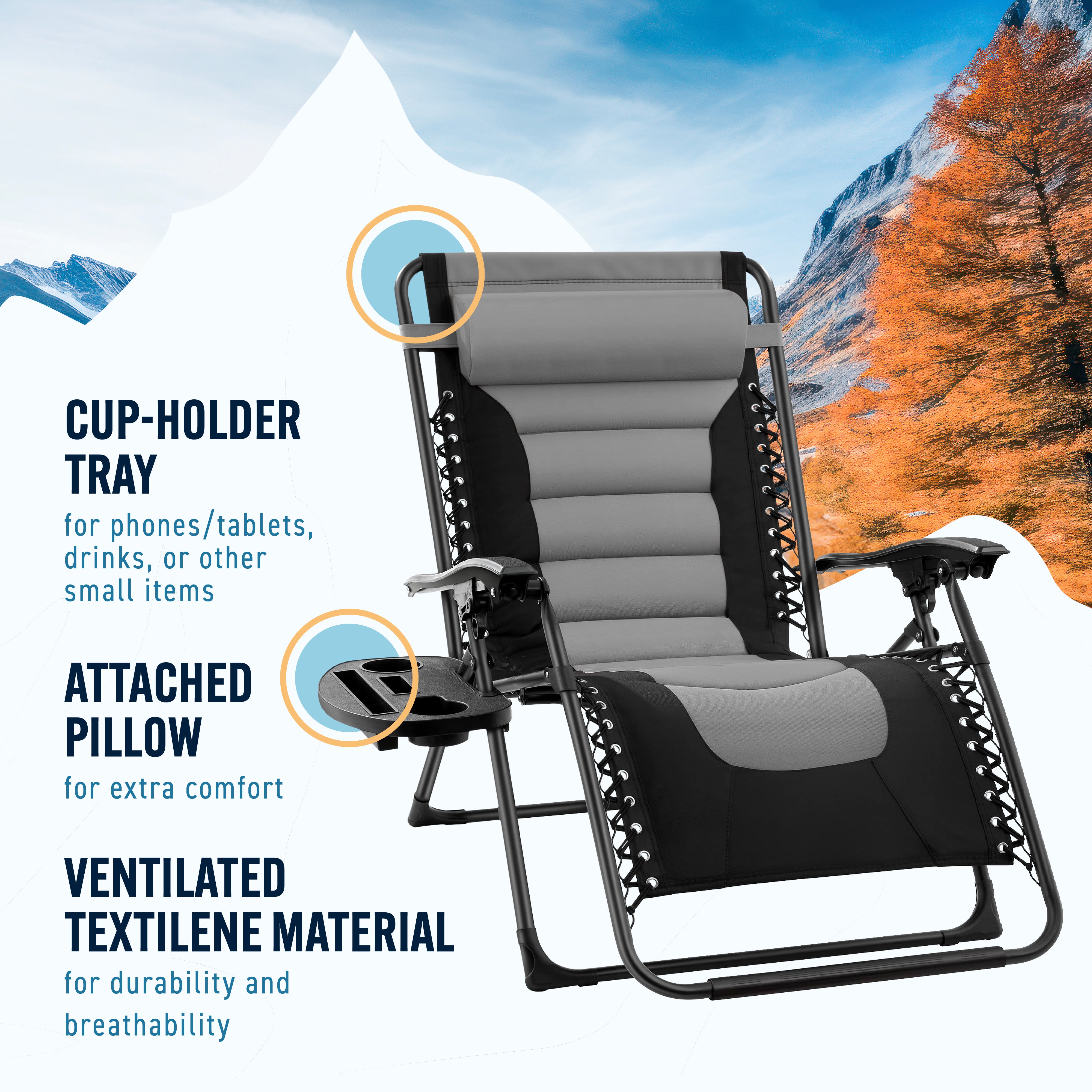 Oversized Adjustable Zero Gravity Folding Chair w/ Side Table